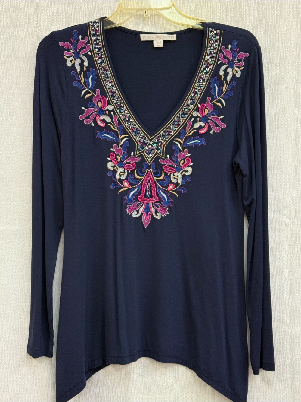 Boston Proper Blue Embellished Long Sleeve Blouse
